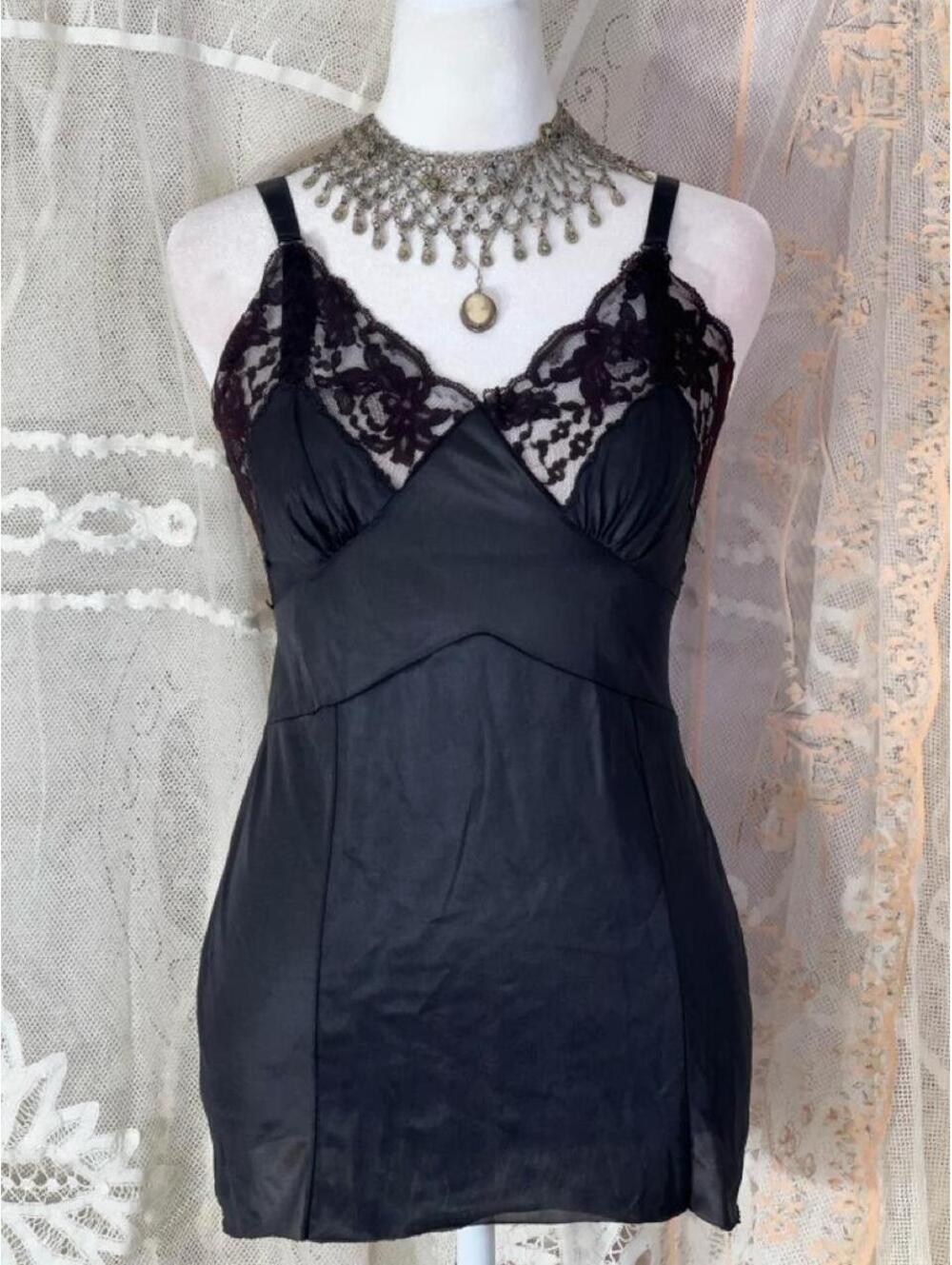 Vintage Black & Plum Lace Satin Slip Top